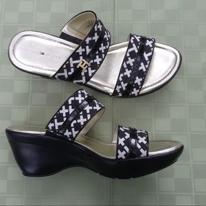 Tommy Hilfiger Black and White Wedge Sandals